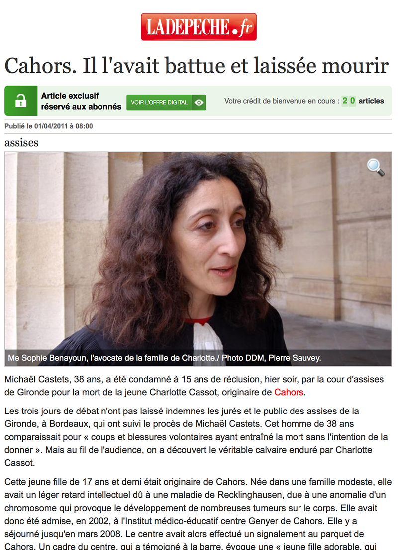 Sophie Benayoun Presse Depeche avocat famille Bordeaux Cahors